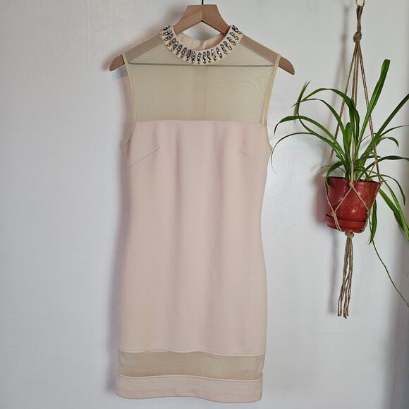 Sheike Jeweled Neck Sheath Dress 10 Ivory Beige‎ Mesh Panels Sleeveless - Picture 1 of 12